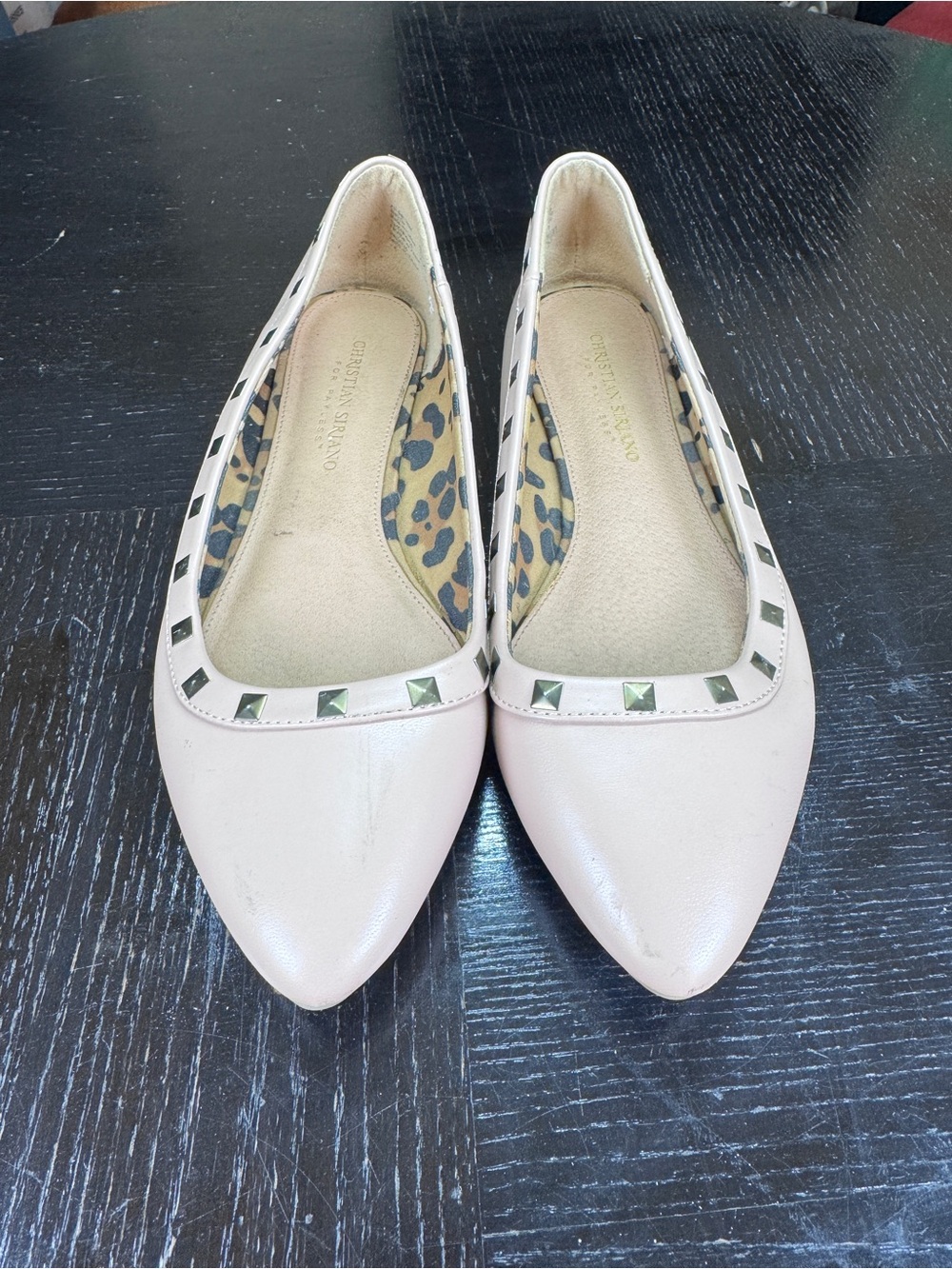 Christian Siriano Pale Pink Pointed Flats with Square Stud Trim